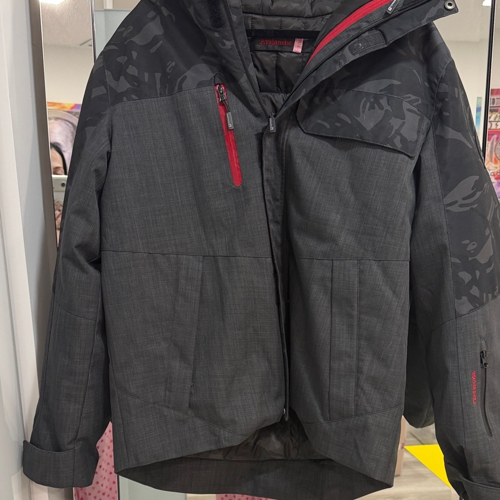 Avalanche Gray and Black Camouflage Jacket with Red Accents